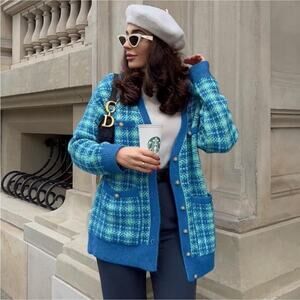 NEW Zara Plaid Blue Houndstooth Check Cardigan Sweater Pearl Buttons, Small